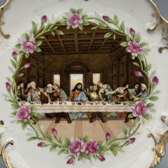 Vtg Last Supper Porcelain Plate Wall Hanging Japan Gold Gilt 6 in Dia Regilous - Picture 2 of 6